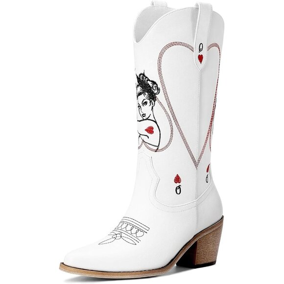 🆕Women White Faux Leather Mid Calf Cowboy with Queen of Hearts Embroidery Boots - Picture 4 of 8
